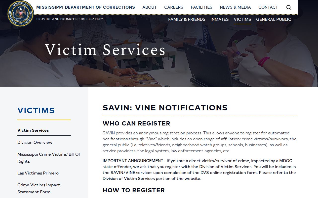 MDOC MS SAVIN VINE coverage and Registration Link explanation