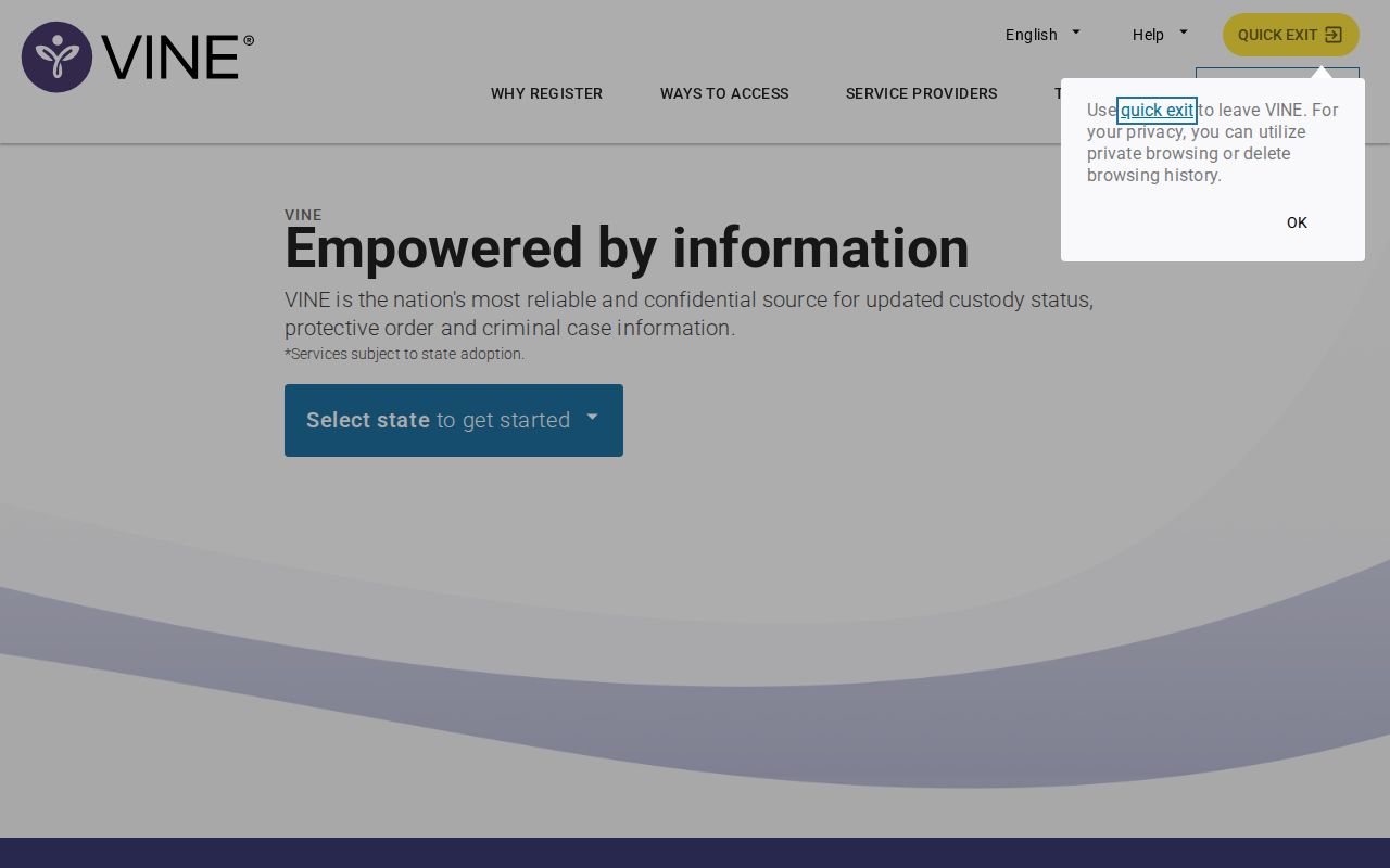 VINELink Mississippi selection and offender search screen